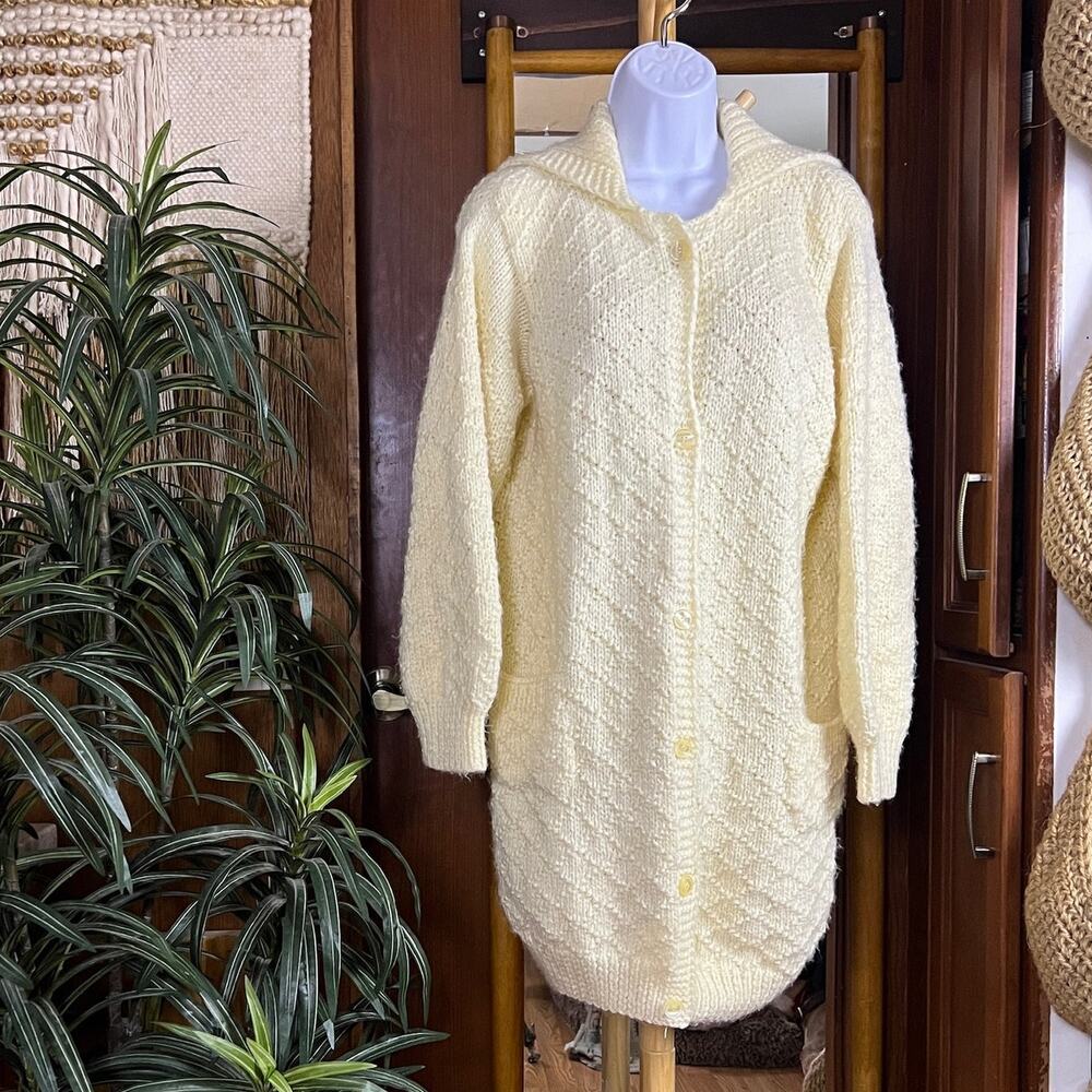 Hand Knit Cream Cardigan Sweater M L Long Shawl Collar Diamond Knit Patch Pocket